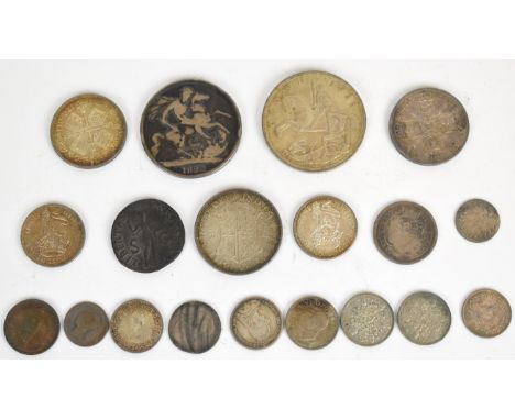 Georgian and later coinage to include 1822 and 1935 crowns, 1820 shilling and 1867 Maundy fourpence, weight of silver example