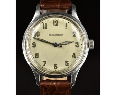 Jaeger LeCoultre military style gentleman's wristwatch with luminous blued hands, Arabic numerals, silver dial, stainless ste