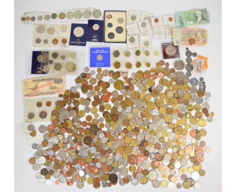 A large collection of world coinage including South Africa, some silver, some cased examples, replica ancient coinage etc