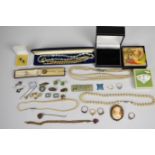 A collection of jewellery including silver earrings, cameo brooch, Japanese stick pin, silver