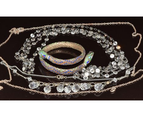 Art Deco silver serpent bangle set with enamel, two Art Deco necklaces and a Georg Jensen silver chain&nbsp;