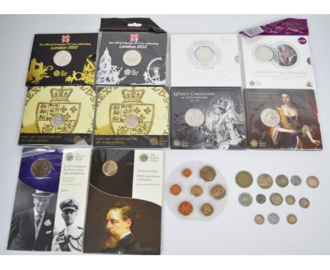 Collection of Royal Mint coin packs including two London 2012 Olympics &pound;5 coins, and a small quantity of overseas silve