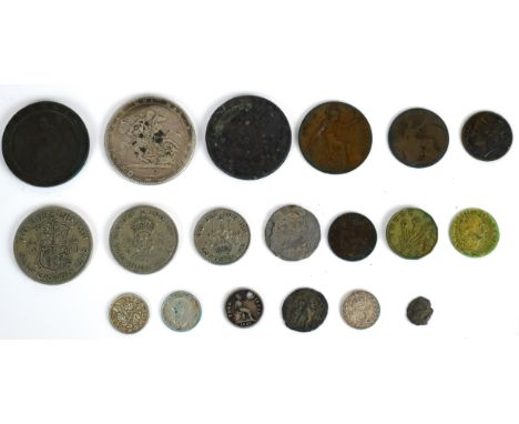1820 George III silver crown together with various other coins to include Roman and Georgian cartwheel pennies