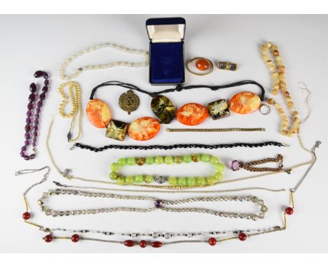 A collection of costume jewellery including agate necklaces, Art Deco beads, silver ring, rolled gold bracelet, etc&nbsp;