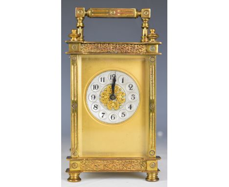 Brass cased carriage clock with bevelled glass and silvered and gilt dial, height including handle&nbsp;15cm