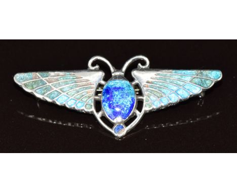 Charles Horner silver scarab beetle brooch set with blue and green enamel, Birmingham 1909, 4.2cm