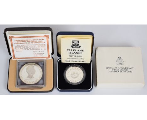 1983&nbsp;Royal Mint Falkland Islands silver proof coin, 28.28g,&nbsp;together with a 1978 Bahamas $10 proof coin