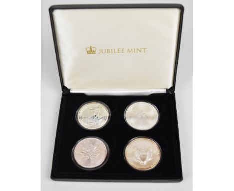 Jubilee Mint cased set of four 1oz fine silver coins comprising 1999 Britannia, 2018 US Dollar, 2018 Canada $5 and 2018 Austr