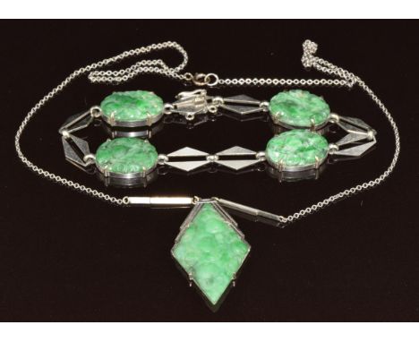 Art Deco 9ct white gold necklace set with carved jadeite, with a similar bracelet, 16.6g