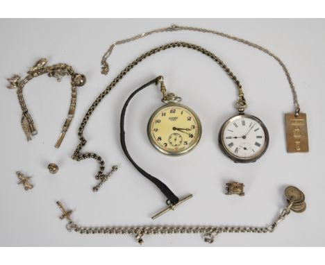 A collection of silver jewellery including charm bracelet, fob chain with charms, pocket watch, ingot, etc