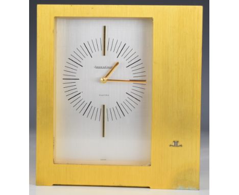 Jaeger LeCoultre 5052 electric retro mid century mantel or desk clock with brushed gilt case and silvered dial, width 15cm