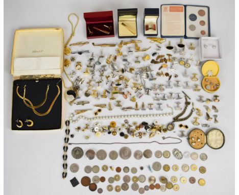 A collection of jewellery including cufflinks, studs, Stratton tie clip, mother of pearl studs, silver earrings set with pear