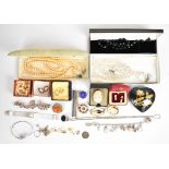A collection of jewellery including two pairs of 9ct gold earrings (1.9g), Lotus 'pearls' with 9ct