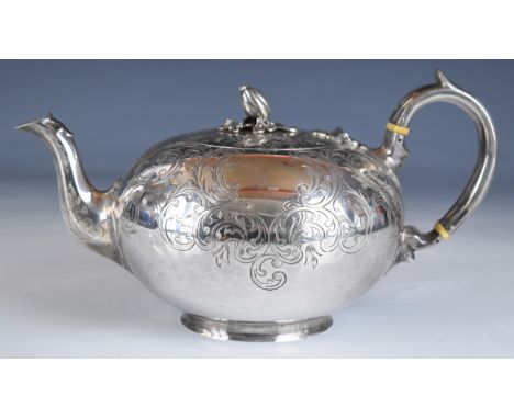 Victorian silver teapot, of globe shape with engraved decoration and naturalistic knob or finial, London 1859, maker&nbsp;Wil