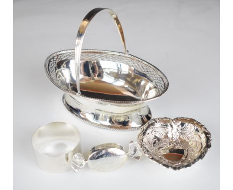 Hallmarked silver items comprising swing handled bon bon dish, maker&nbsp;Levi &amp; Salaman, length 13cm, napkin ring, heart