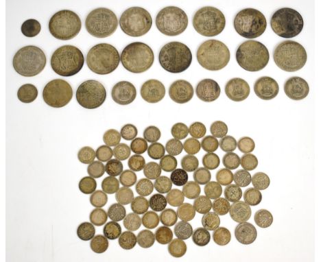 Approximately 372g of mixed UK silver coinage pre and post 1920, includes Victorian shilling and a collection of silver three