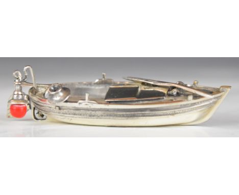 Novelty Italian silver model of a rowing boat, with marks to interior, length 8cm, weight 47g
