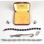 Art Deco bracelet, silver bracelet set with paste (Birmingham 1965), a pair of silver earrings and