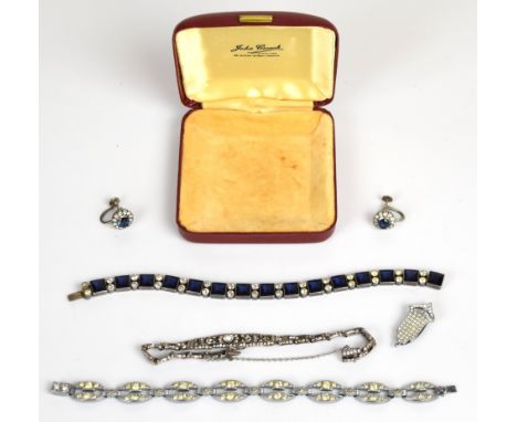 Art Deco bracelet, silver bracelet set with paste (Birmingham 1965), a pair of silver earrings and an Art Deco clip