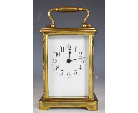 Brass cased carriage clock with bevelled glass and white enamel dial marked France, height including handle&nbsp;14.5cm