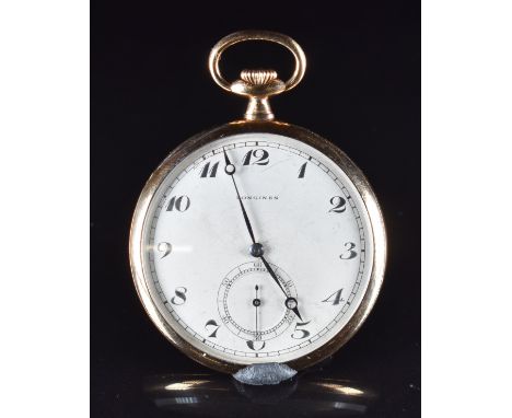 Longines Grand Prix Art Deco 14ct gold keyless winding open faced pocket watch with subsidiary seconds dial, blued Breguet ha