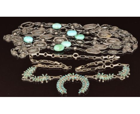 Navajo silver necklace set with turquoise and a silver necklace made up of filigree panels and turquoise beads, 70.1g, 162 &a