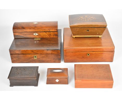 Wooden boxes and similar to include two mahogany writing slopes, inlaid rosewood sarcophagus shaped box with velvet lining, m