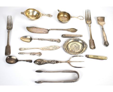 Hallmarked silver items including two tea strainers, embossed pin tray, fiddle and thread pattern sugar tongs, Georgian caddy