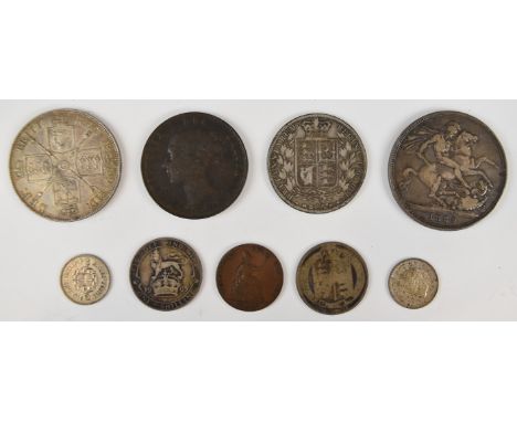 Victorian and later coinage including 1889 crown, 1889 florin and 1885 half crown and an 1838 penny, weight of pre 1920 silve