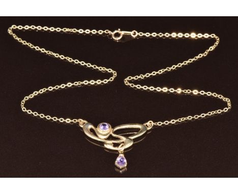 A 9ct gold Art Nouveau style necklace set with amethysts, 3.1g, 40cm