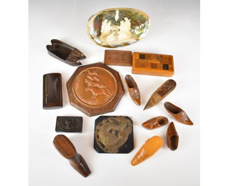 A collection of 19th/20thC treen / horn snuff boxes and collectibles including specimen wood box, the lid made up of historic