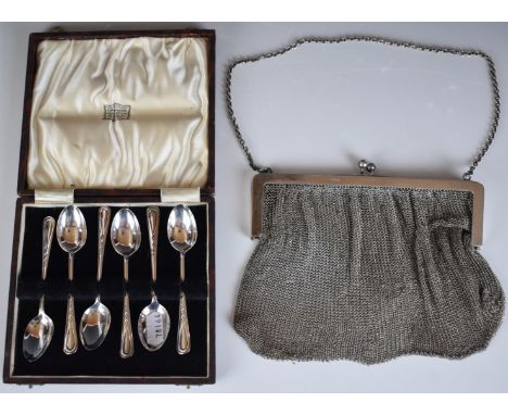 George V hallmarked silver mesh evening bag, Birmingham 1919, maker's mark rubbed, together with a cased set of six hallmarke