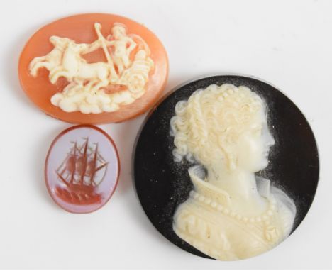 Victorian hardstone cameo, shell cameo depicting horses and cart and a miniature agate intaglio depicting a ship&nbsp;