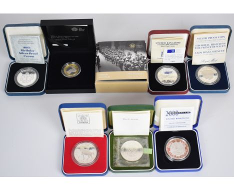 Six Royal Mint silver proof £5 and crown coins comprising 1990 90th birthday, 1972 Elizabeth &amp; Philip, 1977 Silver Jubile
