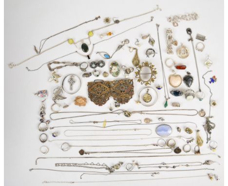 A collection of silver jewellery including ten rings, ten chains, two christening bangles, fifteen pendants, five brooches, t