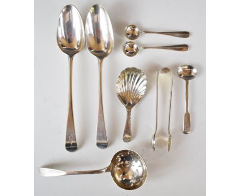 Georgian and later hallmarked silver cutlery to include two bottom marked dessert spoons, Victorian sifter ladle, Georgian br