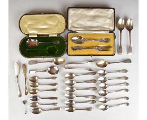 Georgian and later hallmarked silver cutlery to include set of eleven Walker &amp; Hall teaspoons and tongs, caddy spoon or s