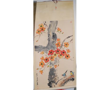 A Chinese scroll painting depicting birds amongst flowering tree, with seal mark