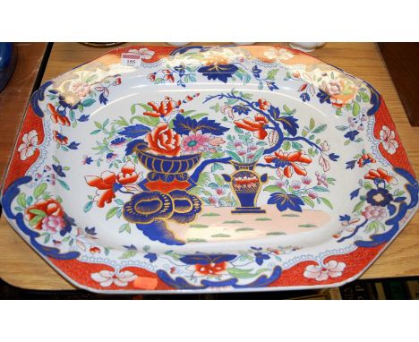 A large Victorian Copeland & Garrett Spode meat plate, of typical octagonal form, decorated with vases of flowers and heighte