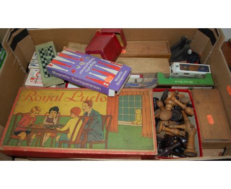 A box of miscellaneous toys and games, to include; boxed Royal Ludo boardgame, magnetic backgammon, chess pieces, playing car