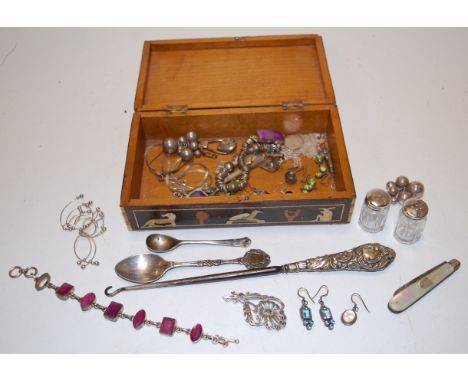 A mid-20th century bone and specimen wood inlaid jewellery box and contents, to include; silver mounted button hook, silver p