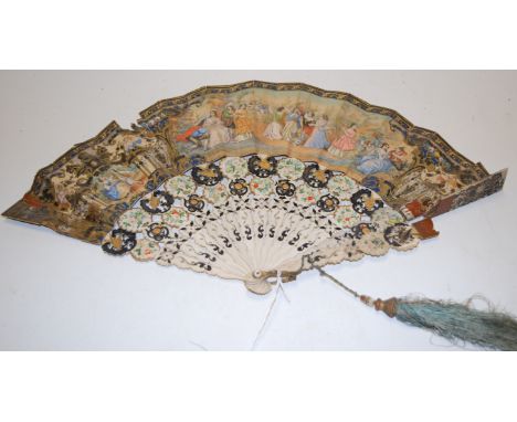 An early 20th century pierced bone and paper fan, each panel depicting a courtship scene (heavily damaged)
