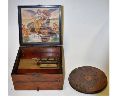 A late 19th century walnut cased Fortuna table-top disc playing music box, the hinged lid with printed interior showing winge