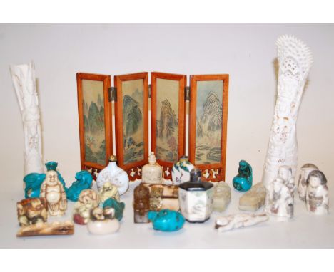 A collection of miscellaneous items, to include; miniature Chinese four-fold table screen, carved bone ornaments, resin netsu