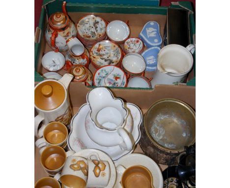 Three boxes of miscellaneous items to include early 20th century Japanese tea service, blue jasper ware trinket box, Royal Wo