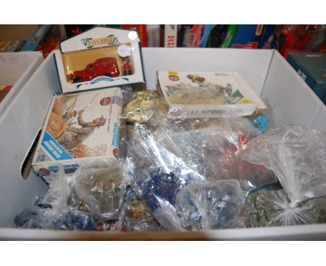 Two boxes of mixed Airfix and various plastic miniature scale military figures and one box of mixed modern release diecast to