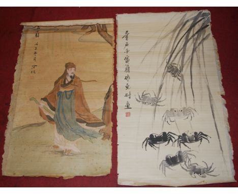 A Chinese watercolour scroll painting depicting a cockerel amongst foliage, signed and with seal mark, together with two othe