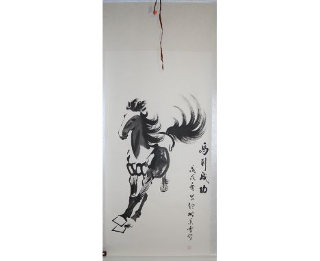 A large Chinese scroll painting depicting cantering horse, signed 