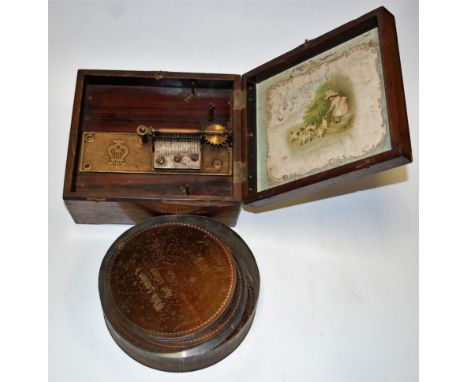 A late 19th century Continental faux rosewood cased polyphon table-top music box, the hinged lid having print to the undersid