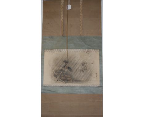 A Chinese silk scroll painting depicting buildings amidst mountain landscape, signed